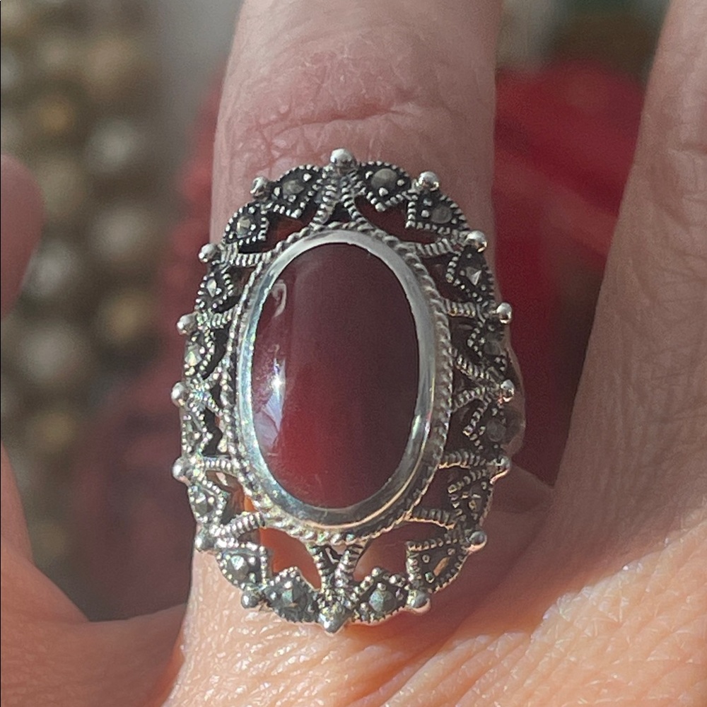 925 SS Marcasite & Carnelian agate Cabochon Ring - Size 5.25